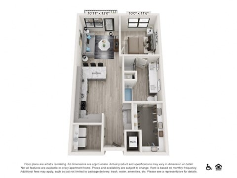 Floor plan for 1 bed, 1 bath, 806 sqft